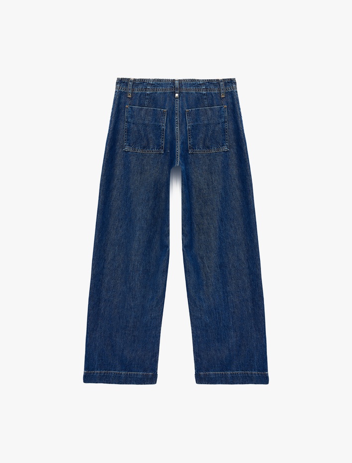  Normal Bel Cepli Düğmeli Geniş Paça Nervürlü Denim Pantolon - Culotte Jeans