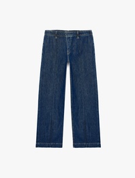 Normal Bel Cepli Düğmeli Geniş Paça Nervürlü Denim Pantolon - Culotte Jeans