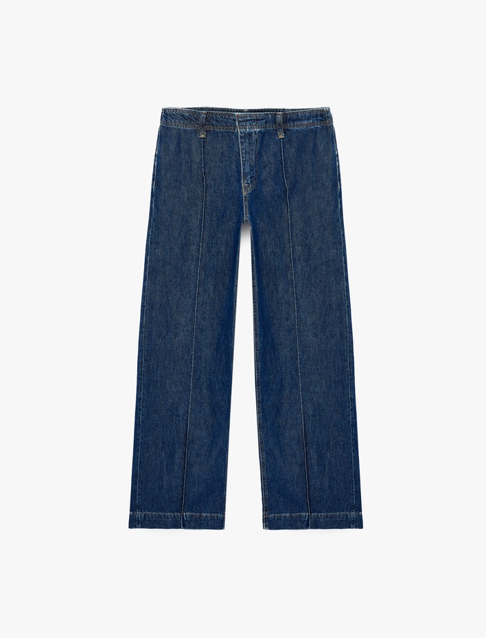  Normal Bel Cepli Düğmeli Geniş Paça Nervürlü Denim Pantolon - Culotte Jeans