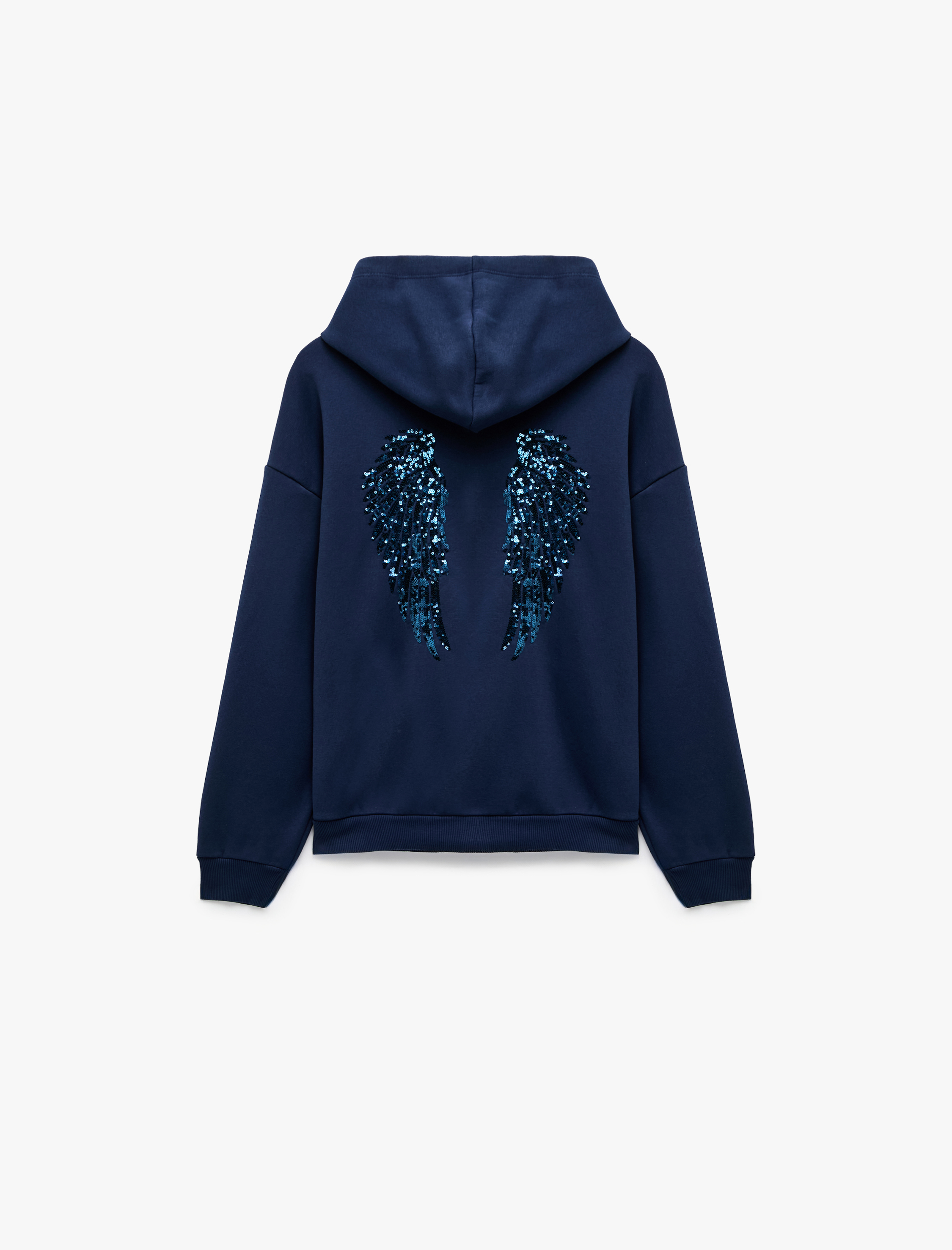   Şardonlu Rahat Kalıp Kanguru Cepli Kapüşonlu Fermuarlı Simli Melek Baskılı Sweatshirt