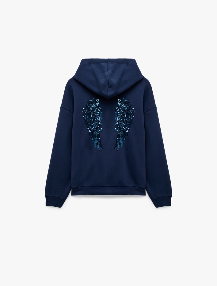  Şardonlu Rahat Kalıp Kanguru Cepli Kapüşonlu Fermuarlı Simli Melek Baskılı Sweatshirt