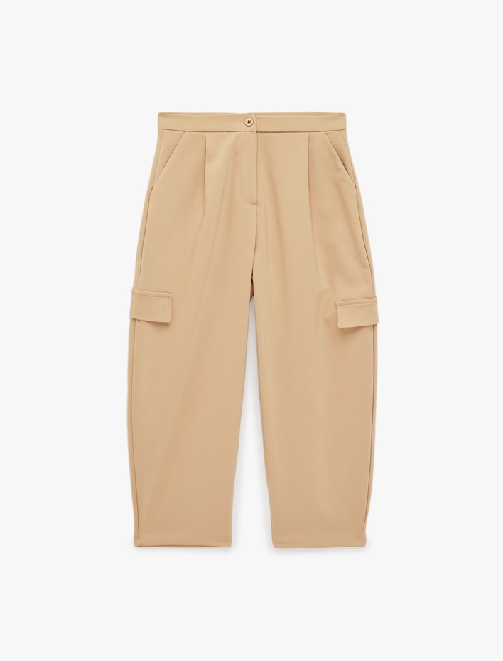 Kız Çocuk Gabardin Barrel Pantolon Kargo Cepli Yüksek Bel Bol Kesim