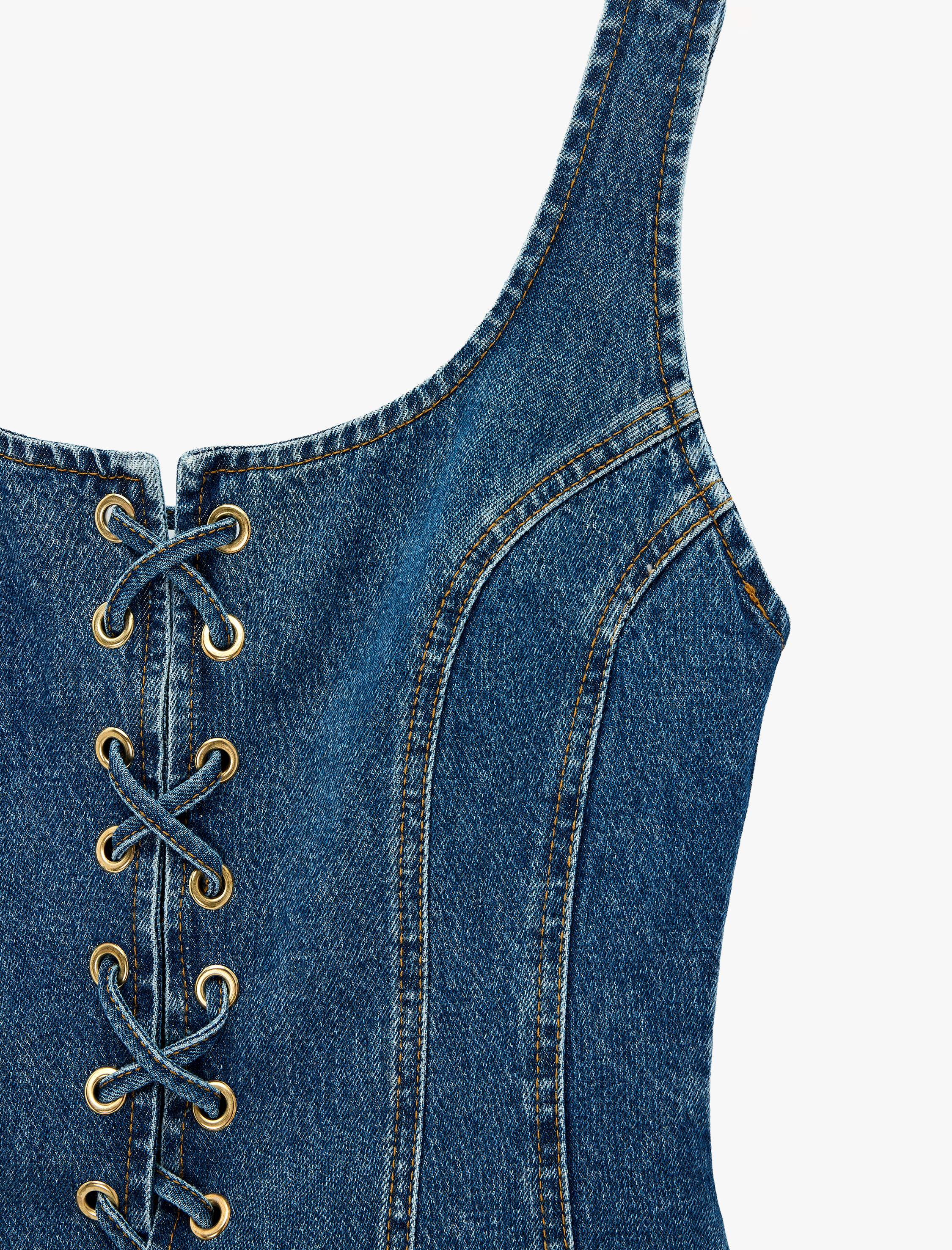   Bağcık Detaylı Slim Fit Pamuklu U Yaka Kolsuz Denim Korse Bluz