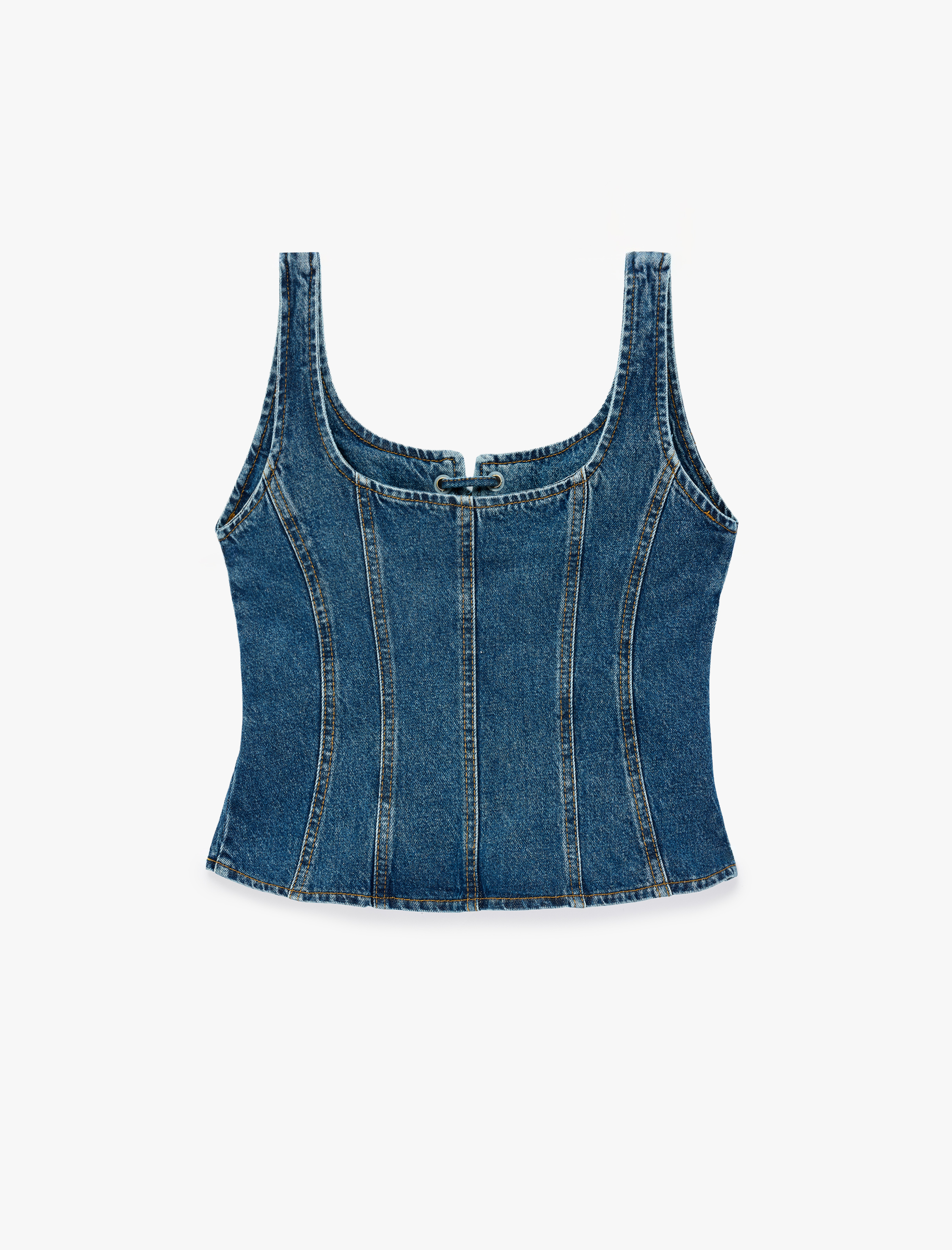   Bağcık Detaylı Slim Fit Pamuklu U Yaka Kolsuz Denim Korse Bluz