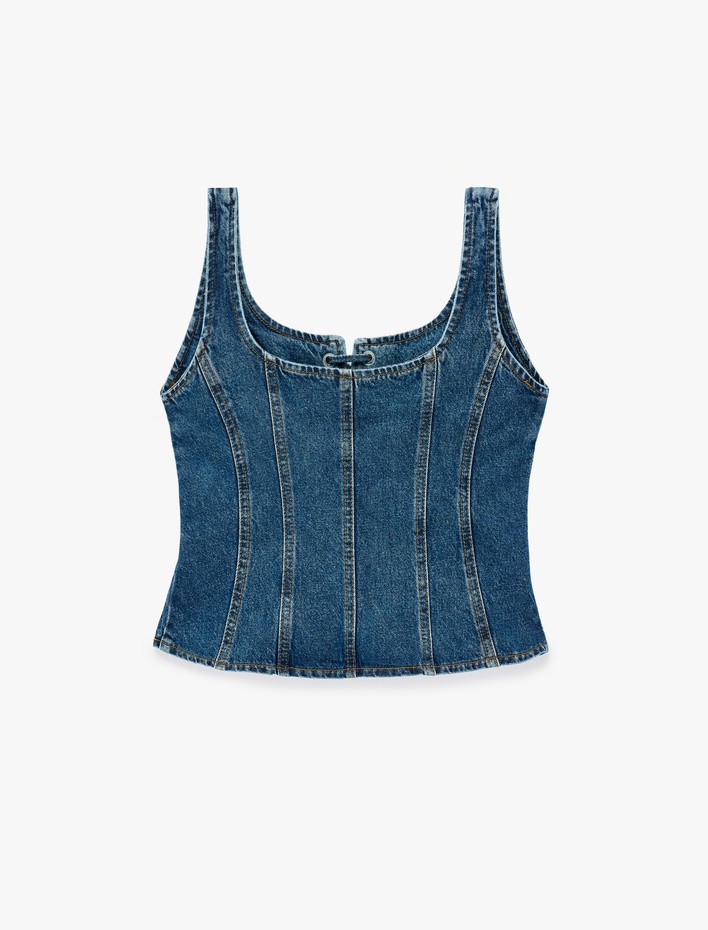  Bağcık Detaylı Slim Fit Pamuklu U Yaka Kolsuz Denim Korse Bluz
