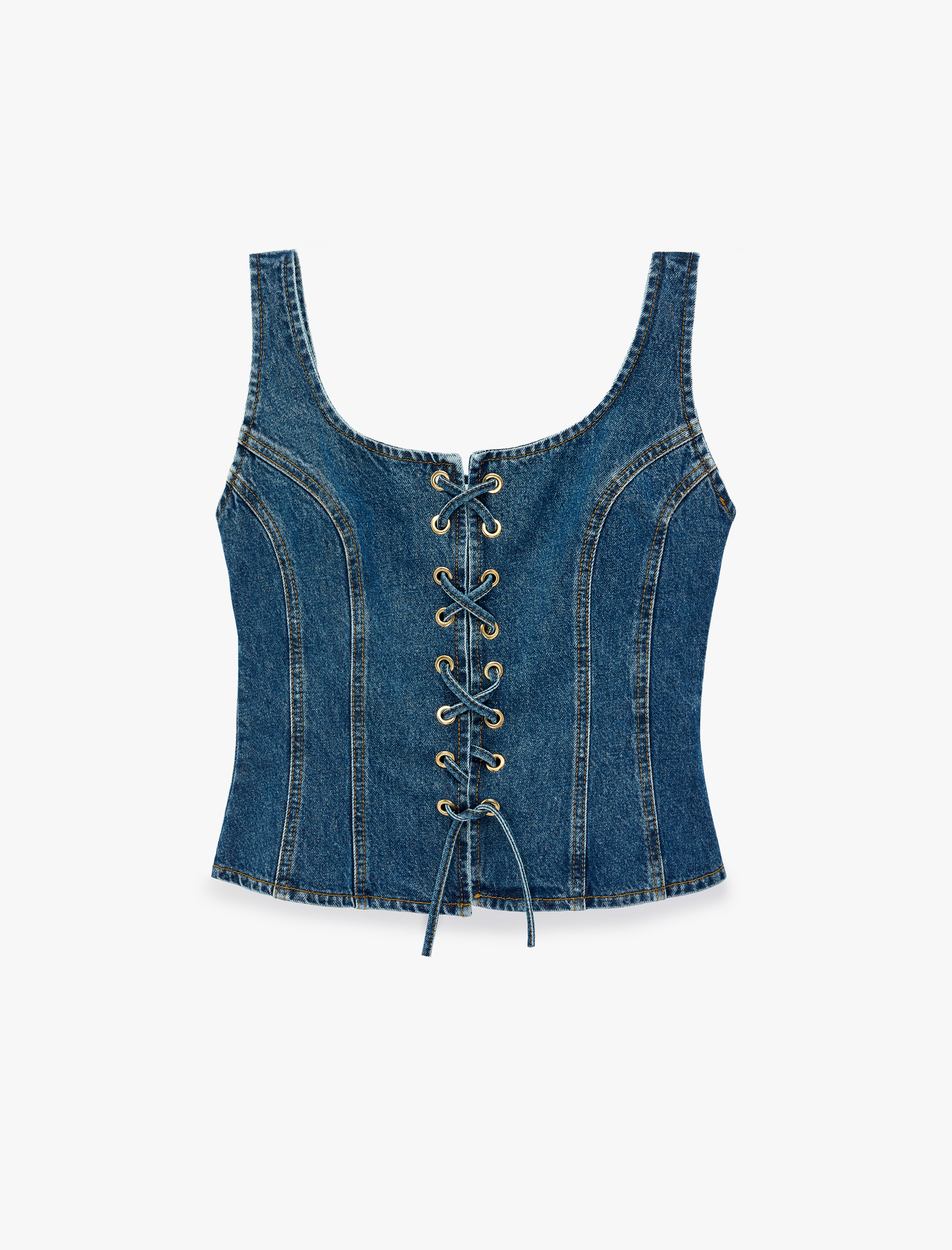   Bağcık Detaylı Slim Fit Pamuklu U Yaka Kolsuz Denim Korse Bluz