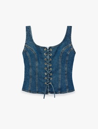 Bağcık Detaylı Slim Fit Pamuklu U Yaka Kolsuz Denim Korse Bluz
