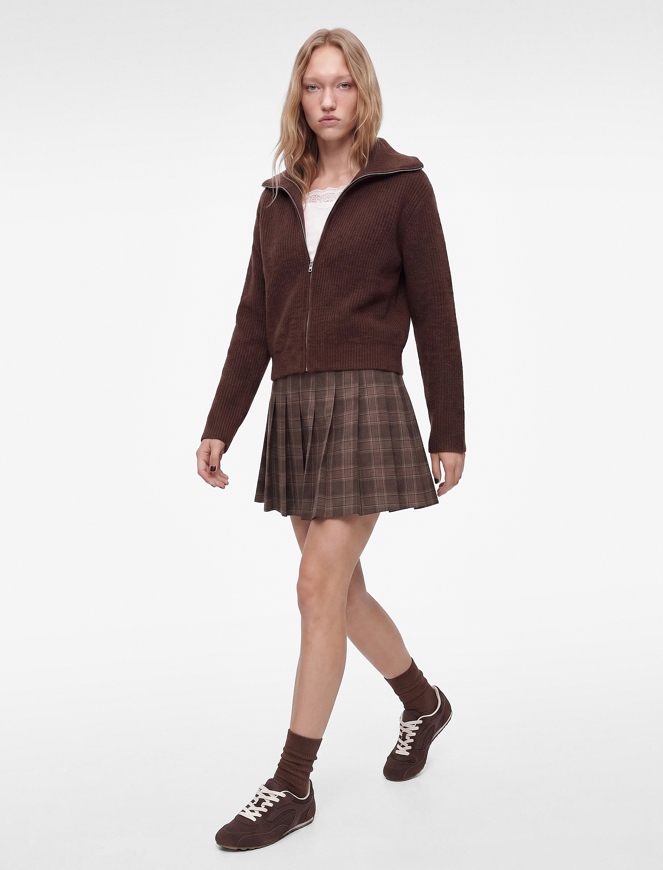   Yün Karışımlı Dik Yaka Uzun Kollu Fermuarlı Triko Hırka