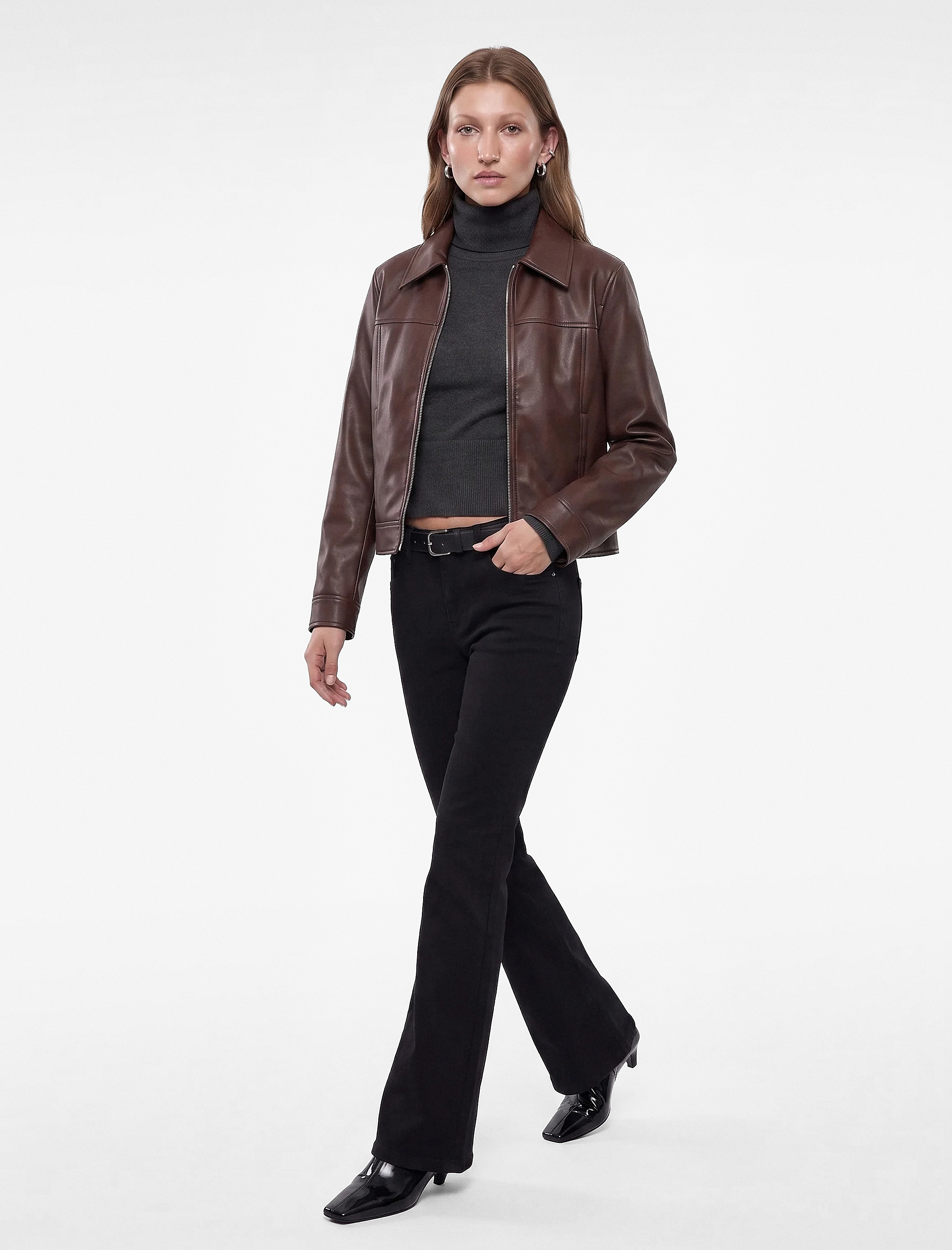   Cepli Uzun Kollu Fermuarlı Suni Deri Crop Ceket