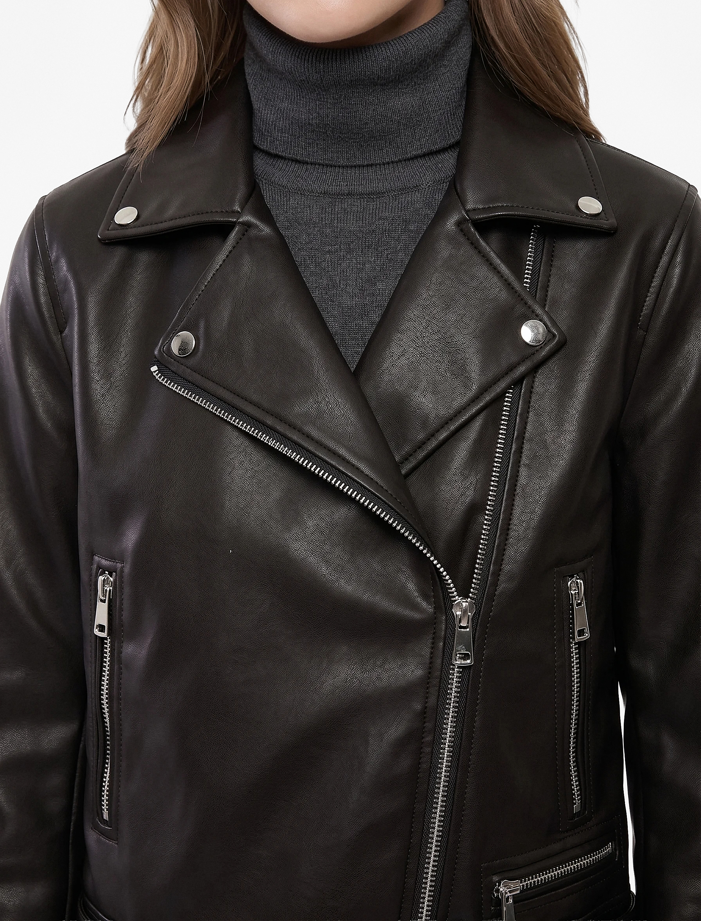   Uzun Kollu Fermuarlı Suni Deri Crop Biker Ceket