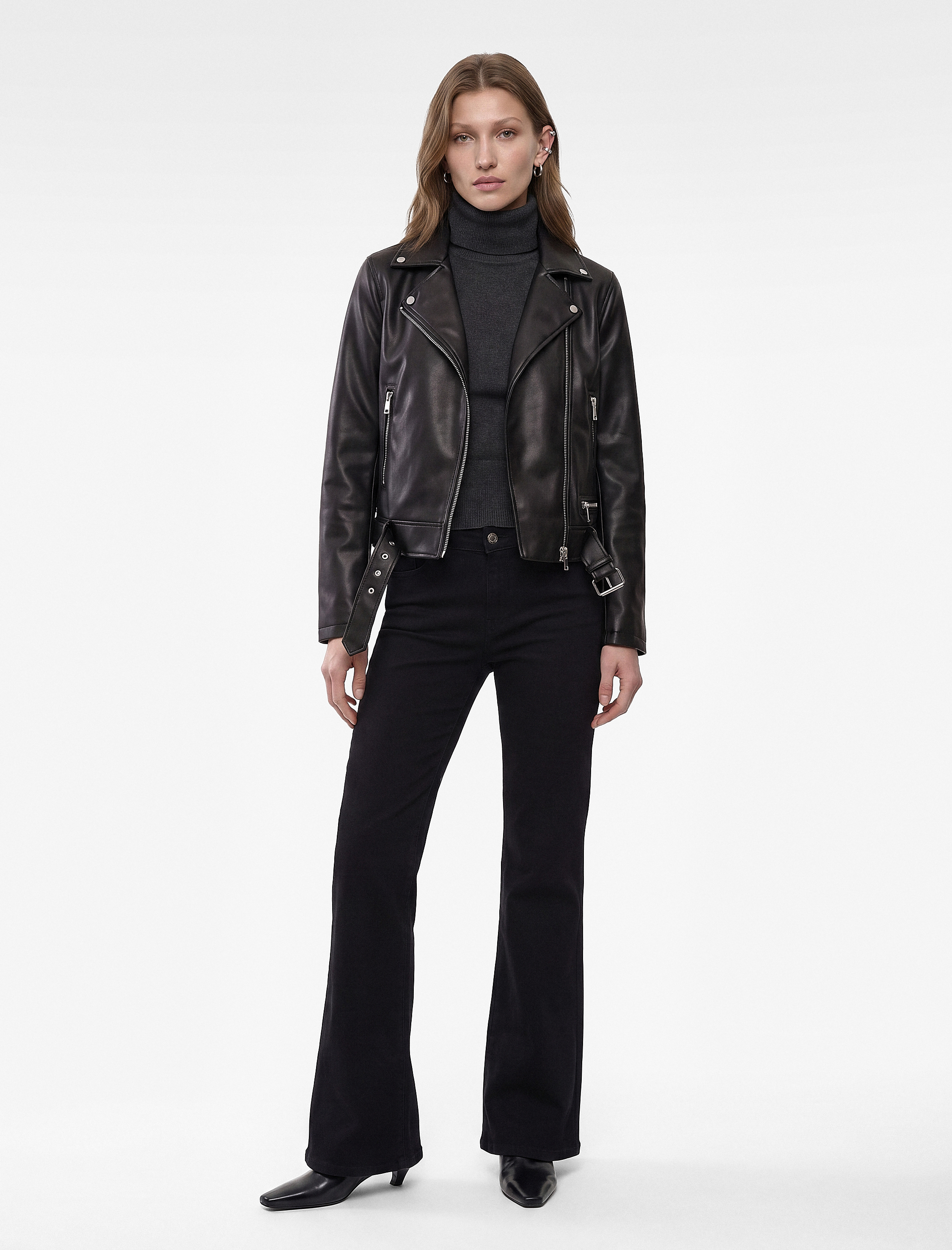   Uzun Kollu Fermuarlı Suni Deri Crop Biker Ceket