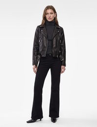 Uzun Kollu Fermuarlı Suni Deri Crop Biker Ceket