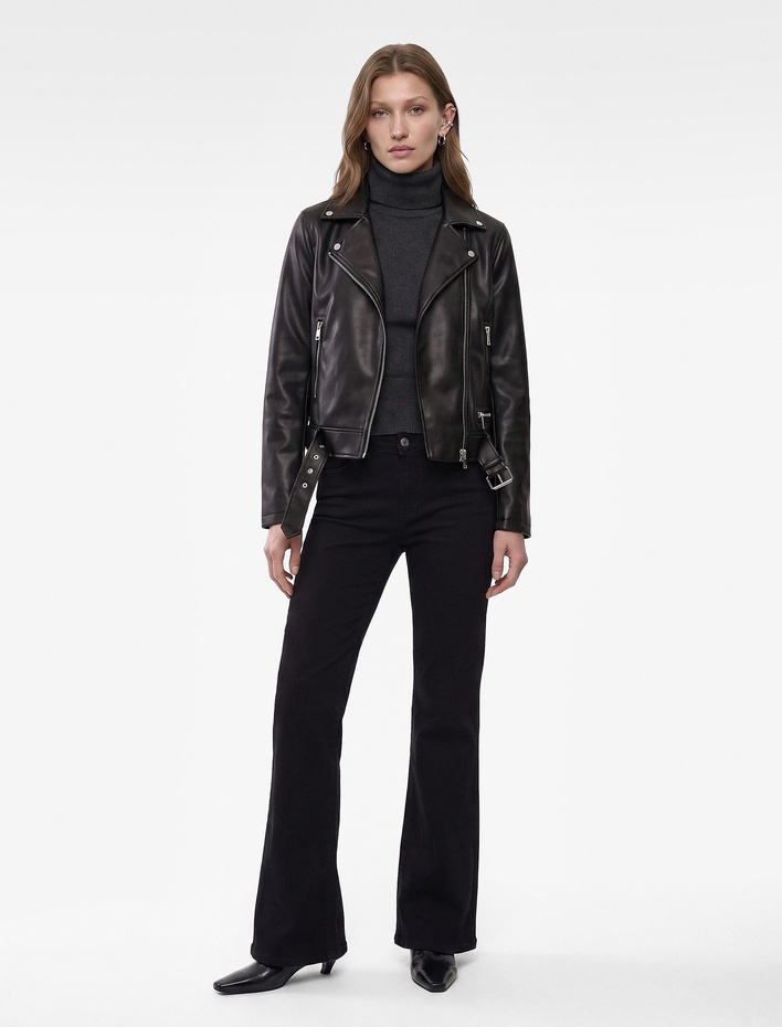  Uzun Kollu Fermuarlı Suni Deri Crop Biker Ceket
