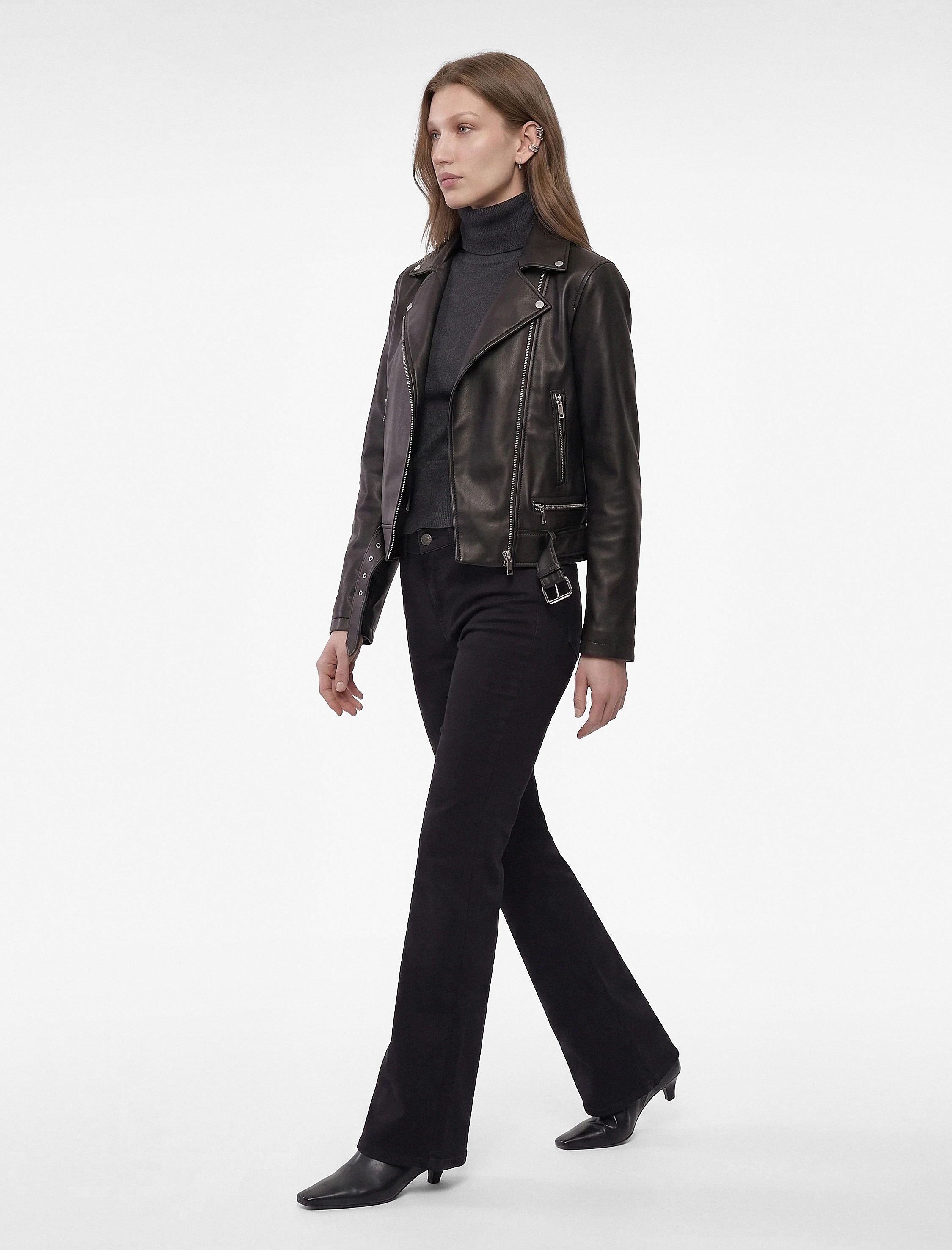   Uzun Kollu Fermuarlı Suni Deri Crop Biker Ceket