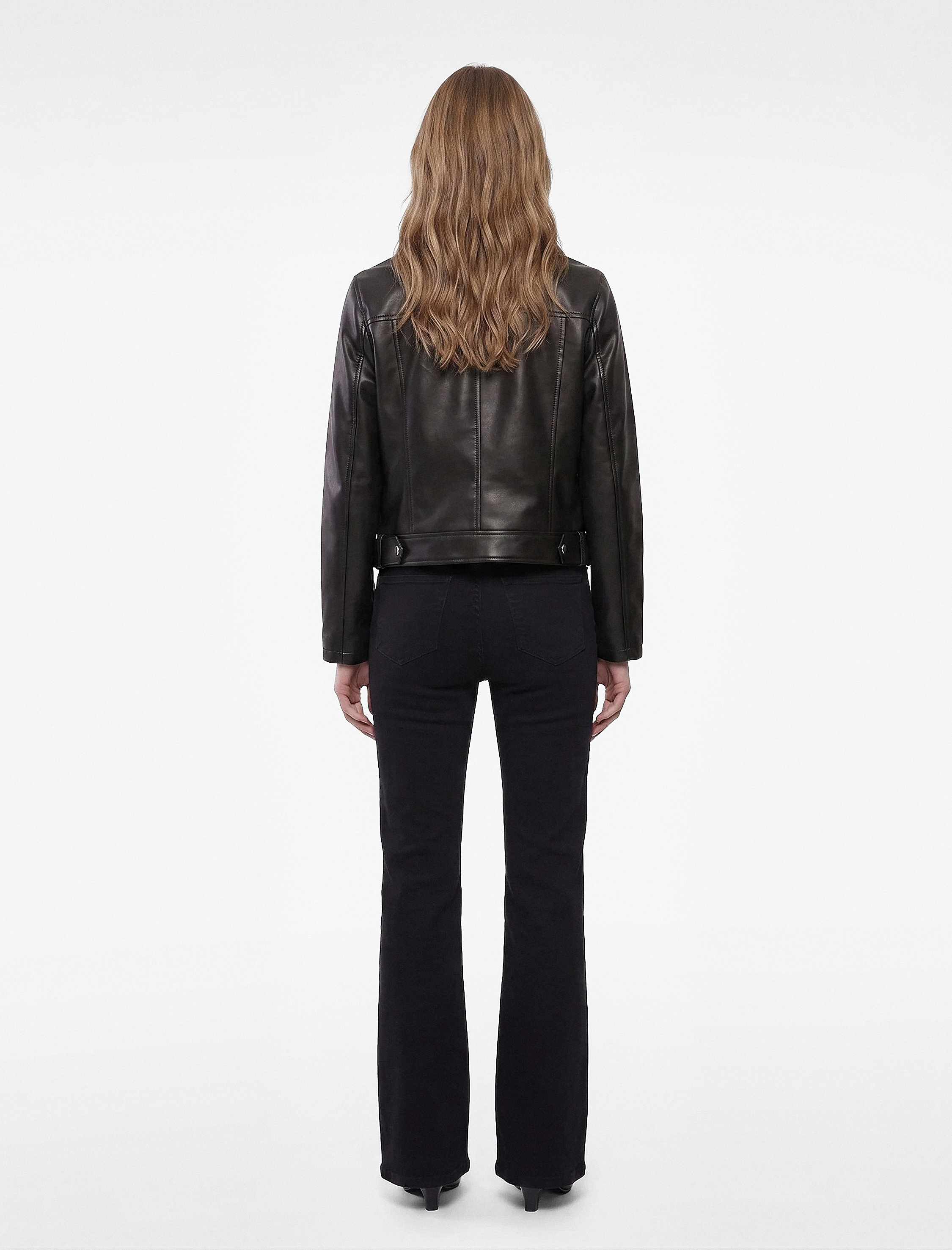   Uzun Kollu Fermuarlı Suni Deri Crop Biker Ceket