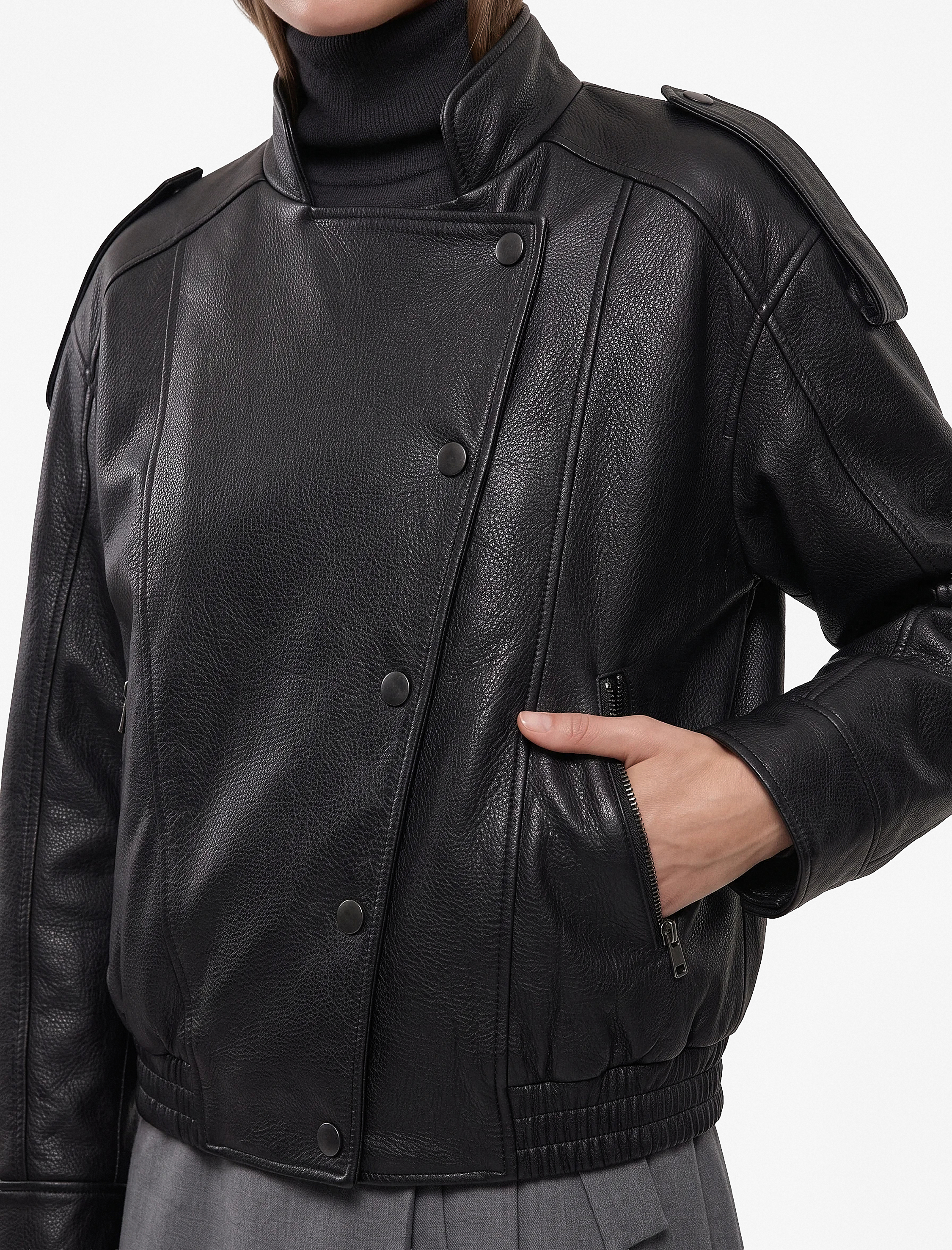   Uzun Kollu Fermuarlı Dik Yaka Kruvaze Oversize Suni Deri Vintage Ceket