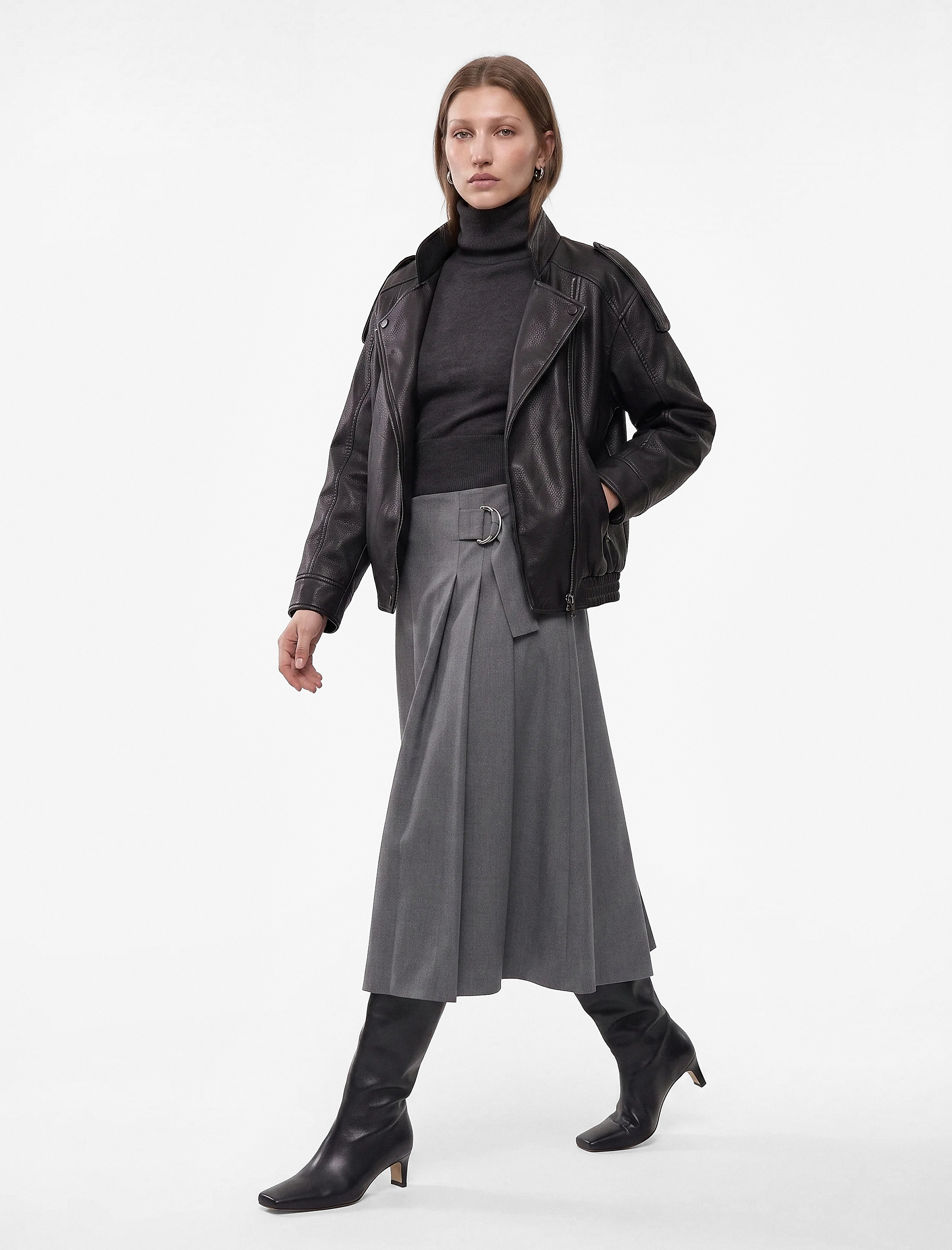   Uzun Kollu Fermuarlı Dik Yaka Kruvaze Oversize Suni Deri Vintage Ceket