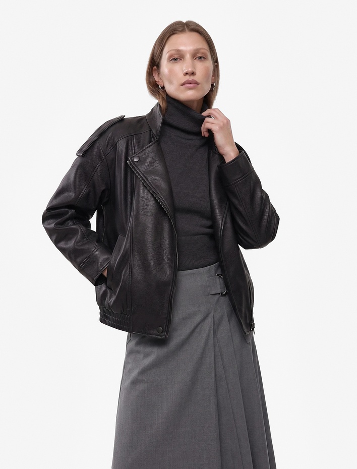  Uzun Kollu Fermuarlı Dik Yaka Kruvaze Oversize Suni Deri Vintage Ceket