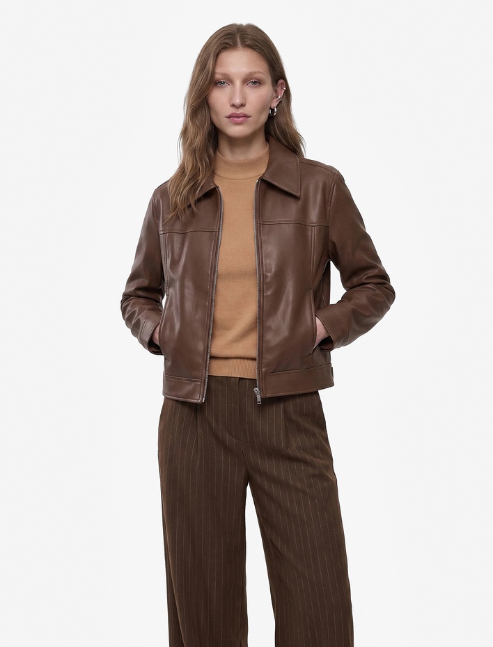  Cepli Uzun Kollu Fermuarlı Suni Deri Crop Ceket