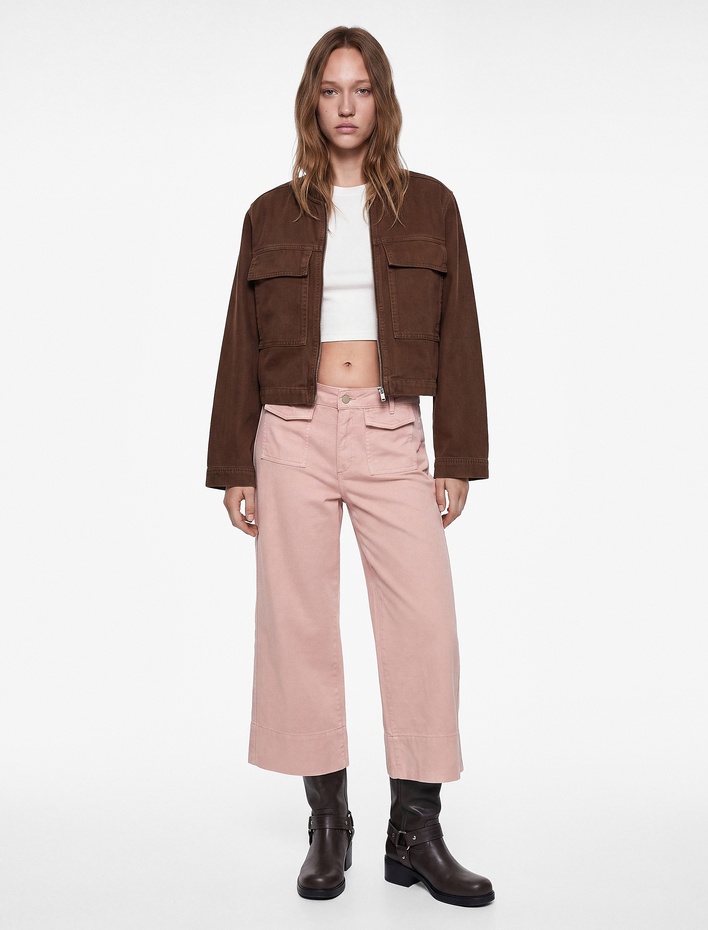  Pamuklu Düğmeli Normal Bel Cep Detaylı Bol Paça Pantolon - Culotte Jeans