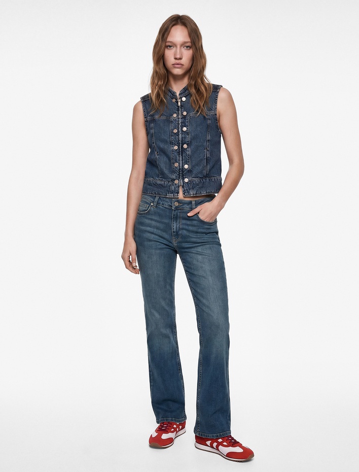  Pamuklu Dar Kalıp Normal Bel İspanyol Paça Denim Pantolon - Flare Jeans