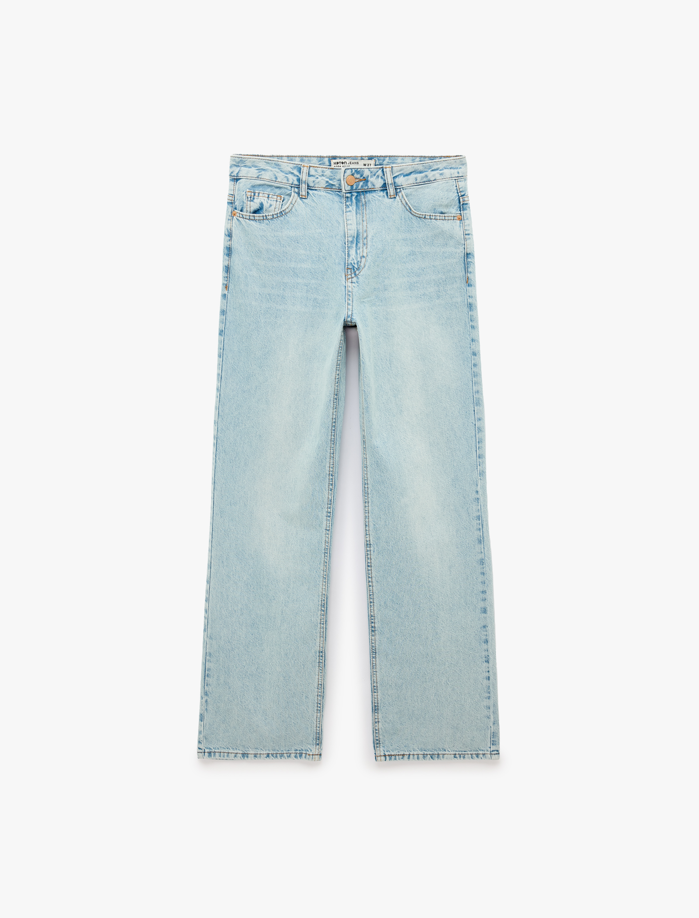   Düz Paça Normal Bel Cepli Düğmeli Denim Pantolon - Longer Straight Fit Jean