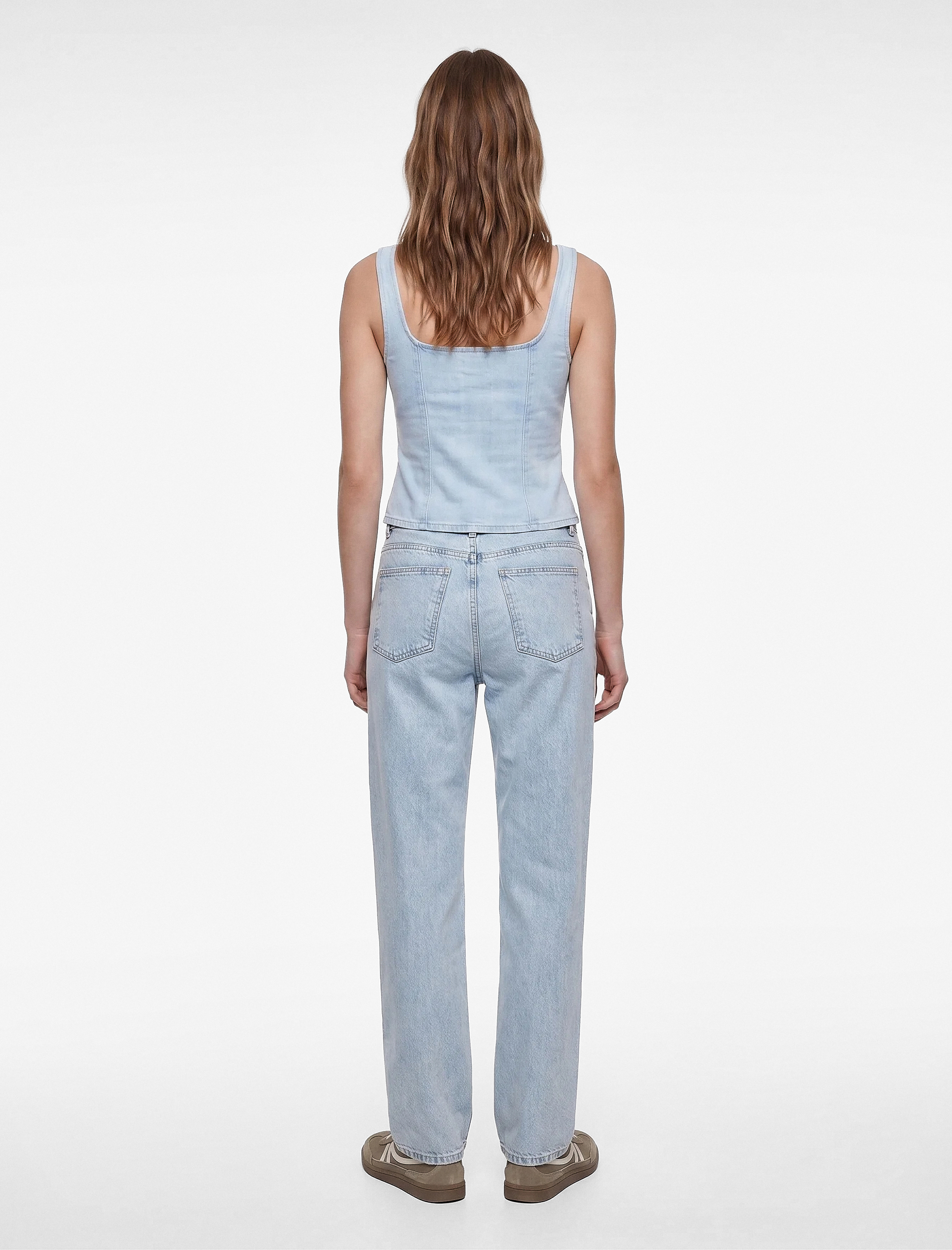   Düz Paça Normal Bel Cepli Düğmeli Denim Pantolon - Longer Straight Fit Jean