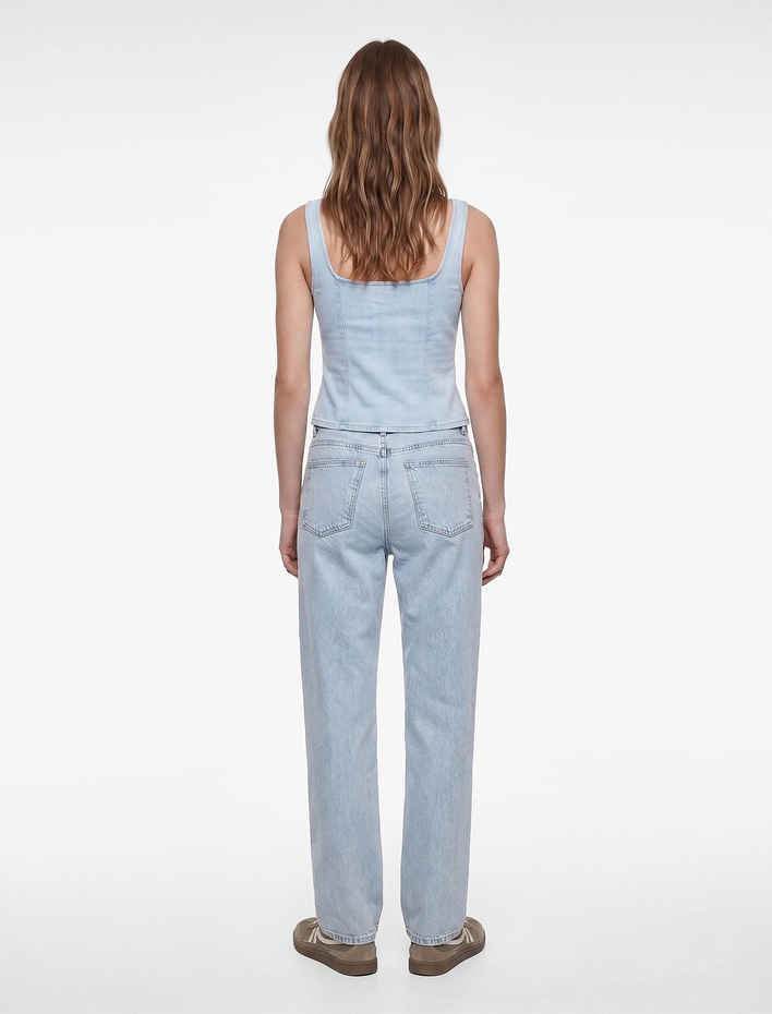  Düz Paça Normal Bel Cepli Düğmeli Denim Pantolon - Longer Straight Fit Jean