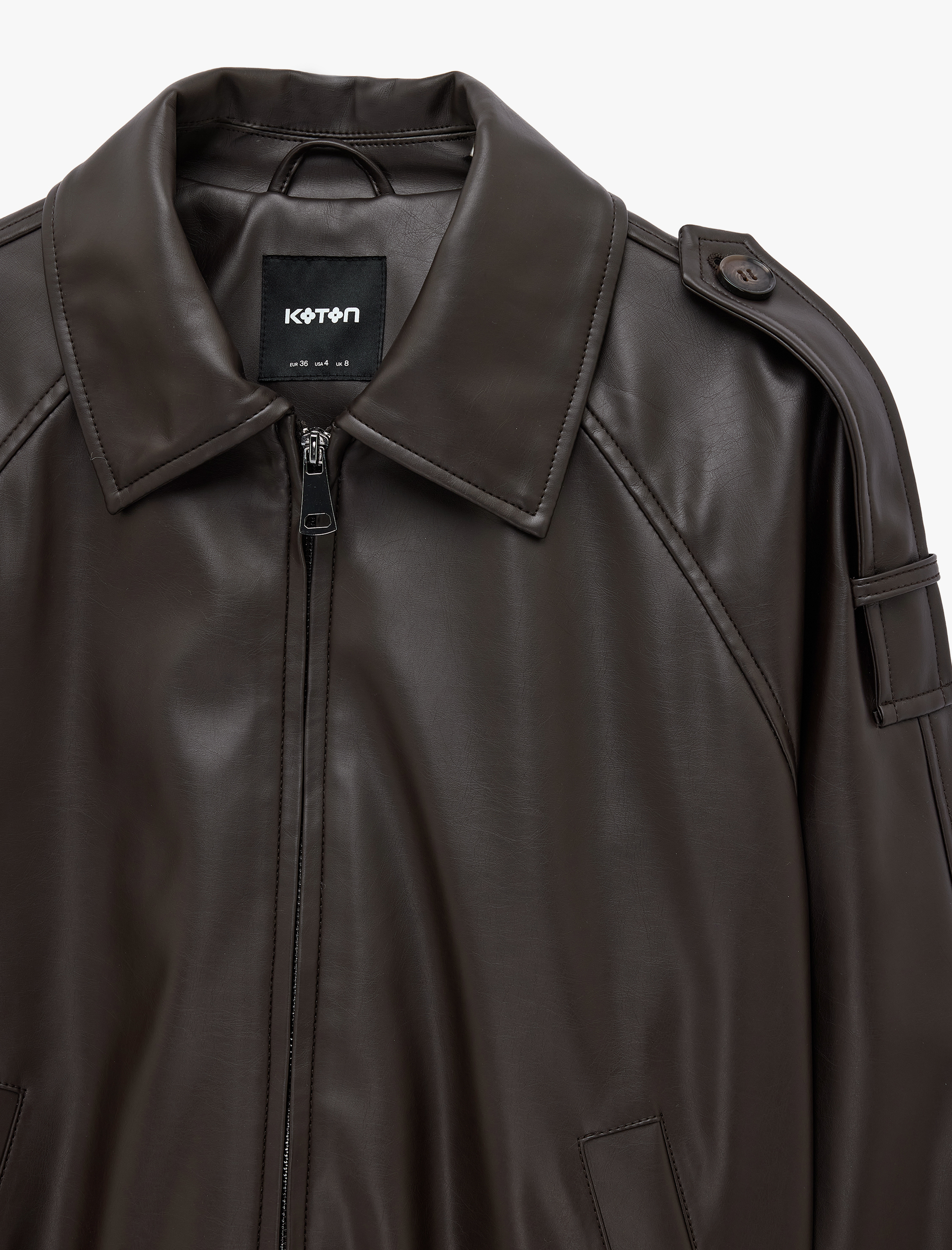   Uzun Kollu Apoletli Cepli Fermuarlı Suni Deri Oversize Bomber Ceket