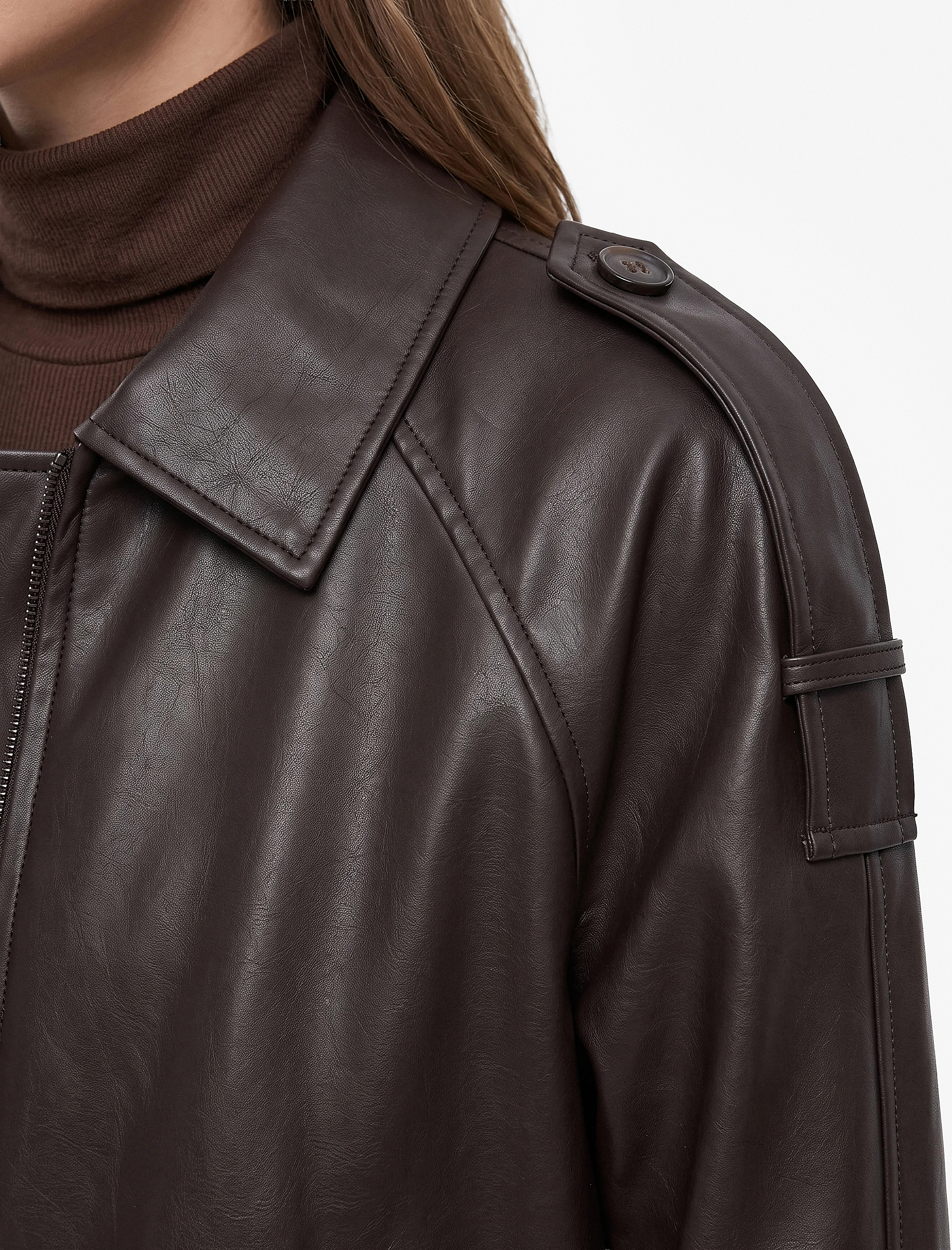   Uzun Kollu Apoletli Cepli Fermuarlı Suni Deri Oversize Bomber Ceket