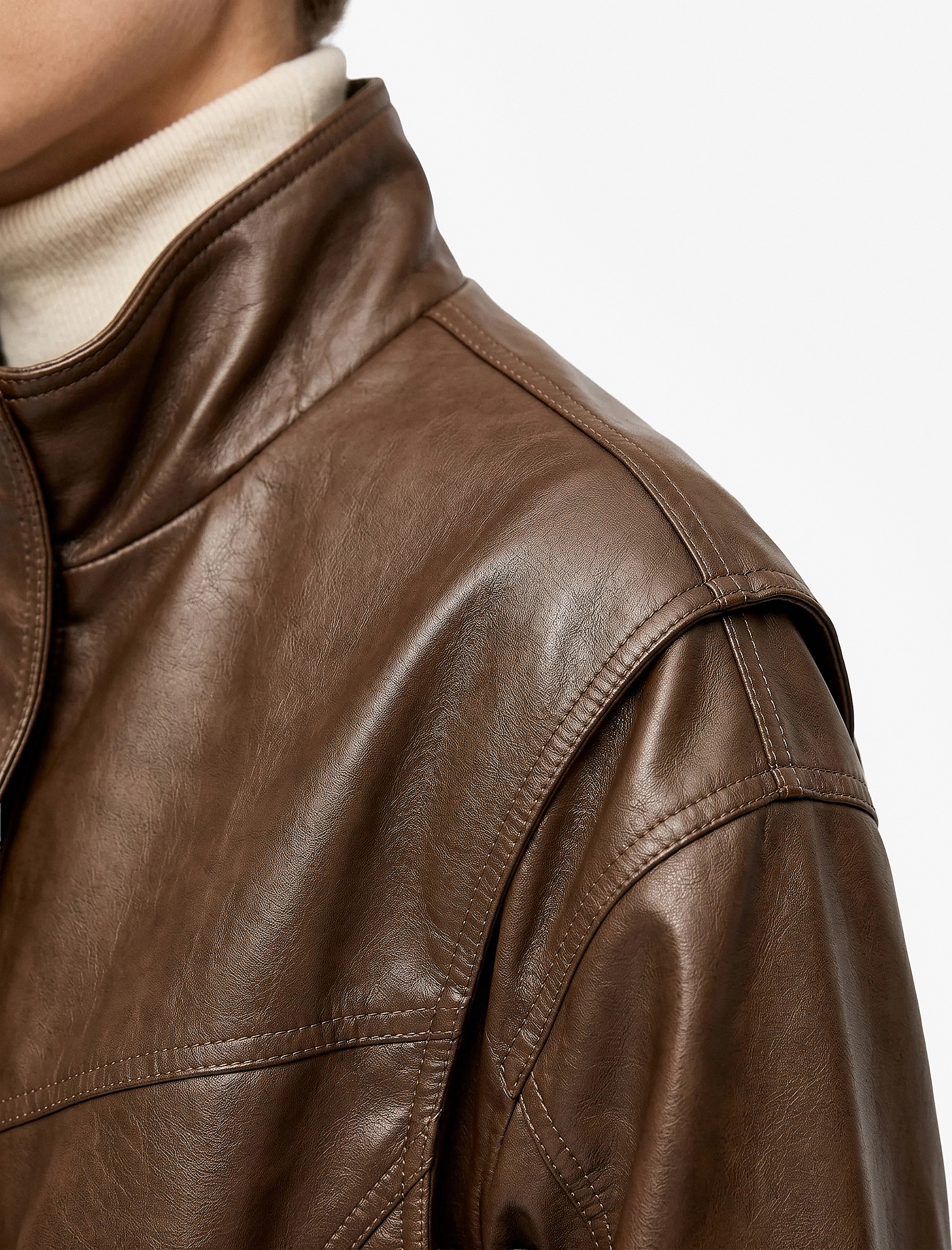   Cepli Uzun Kollu Fermuarlı Oversize Dik Yaka Suni Deri Bomber Ceket