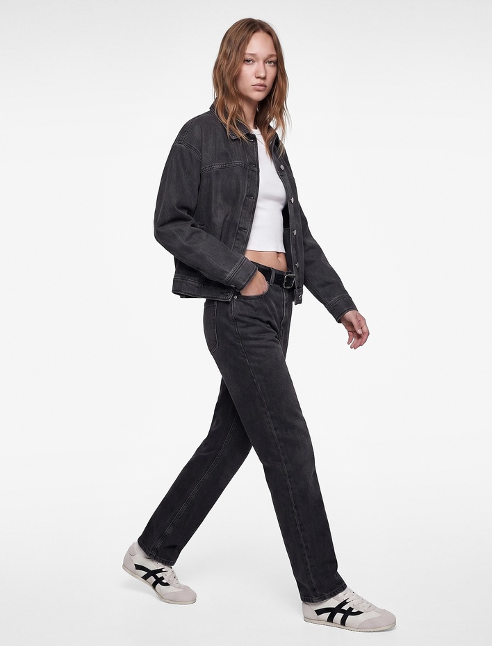  Kemerli Yüksek Bel Dar Kalıp Düz Paça Pamuklu Denim Pantolon - Mom Slim Jean