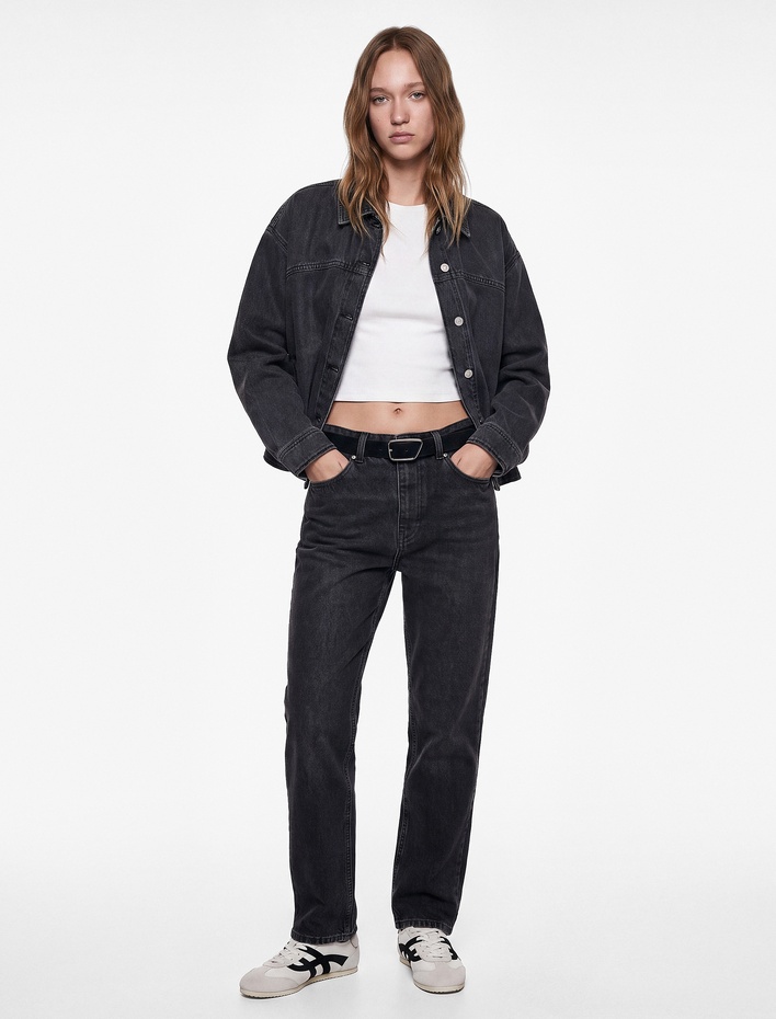 Kemerli Yüksek Bel Dar Kalıp Düz Paça Pamuklu Denim Pantolon - Mom Slim Jean