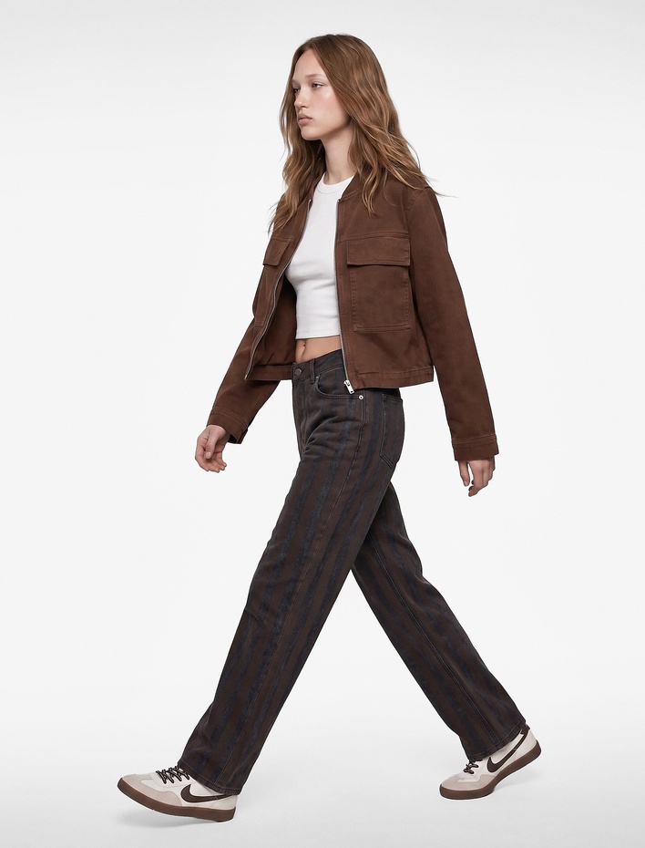  Normal Bel Beş Cepli Düz Paça Pamuklu Çizgili Baggy Denim Pantolon - Baggy Jeans
