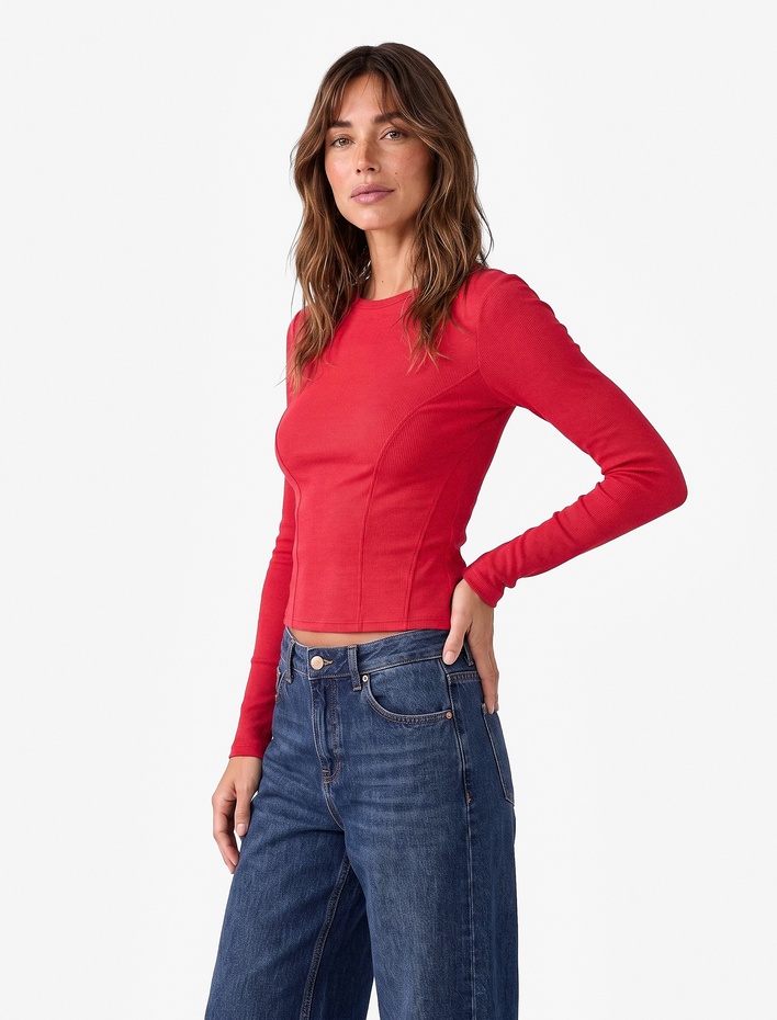  Slim Fit Pamuklu Kaşkorse Bisiklet Yaka Uzun Kollu Tişört
