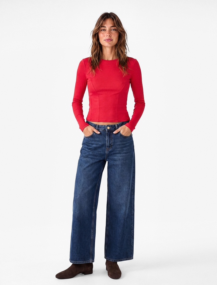  Slim Fit Pamuklu Kaşkorse Bisiklet Yaka Uzun Kollu Tişört