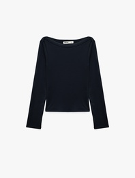 Slim Fit Pamuklu Kayık Yaka Uzun Kollu Basic Tişört
