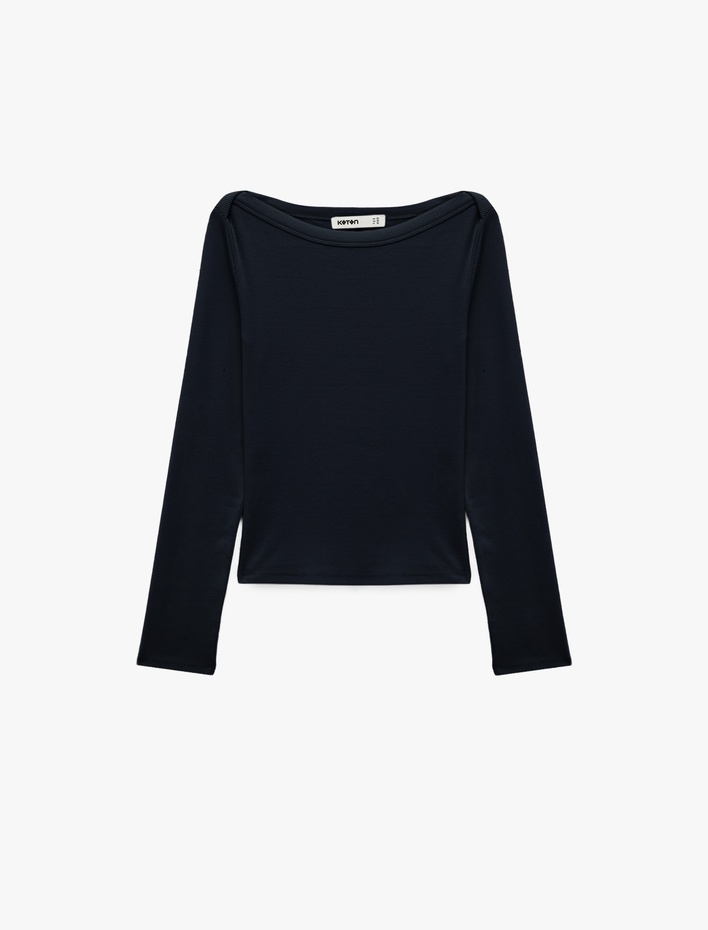  Slim Fit Pamuklu Kayık Yaka Uzun Kollu Basic Tişört