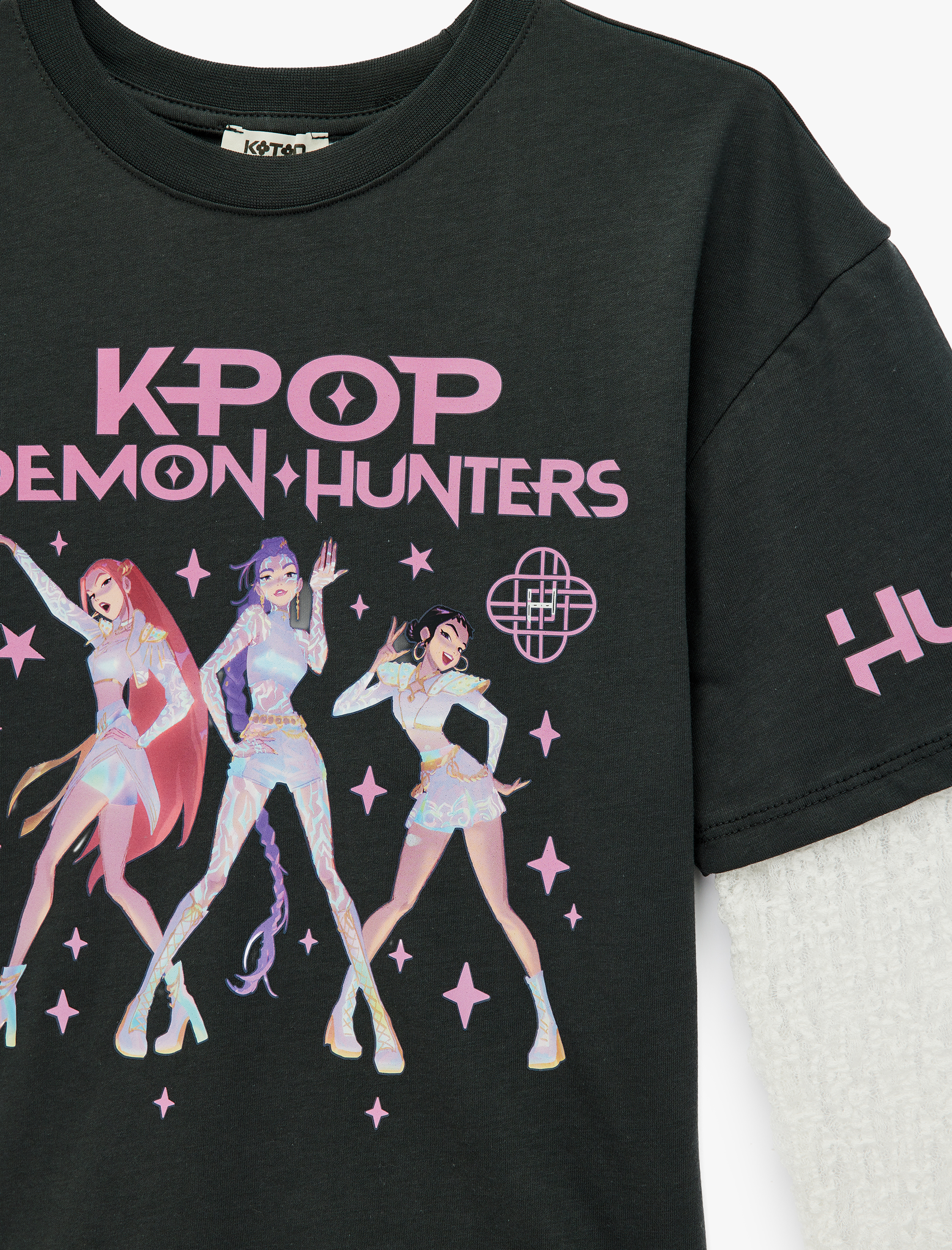  Kız Çocuk Lisanslı Kpop Demon Hunters İblis Avcıları Baskılı Pamuklu Bisiklet Yaka Uzun Kollu Tişört