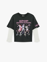 Lisanslı Kpop Demon Hunters İblis Avcıları Baskılı Pamuklu Bisiklet Yaka Uzun Kollu Tişört