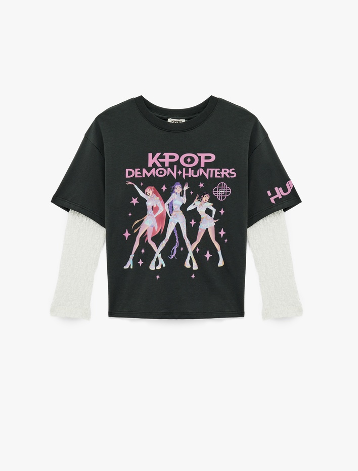 Kız Çocuk Lisanslı Kpop Demon Hunters İblis Avcıları Baskılı Pamuklu Bisiklet Yaka Uzun Kollu Tişört