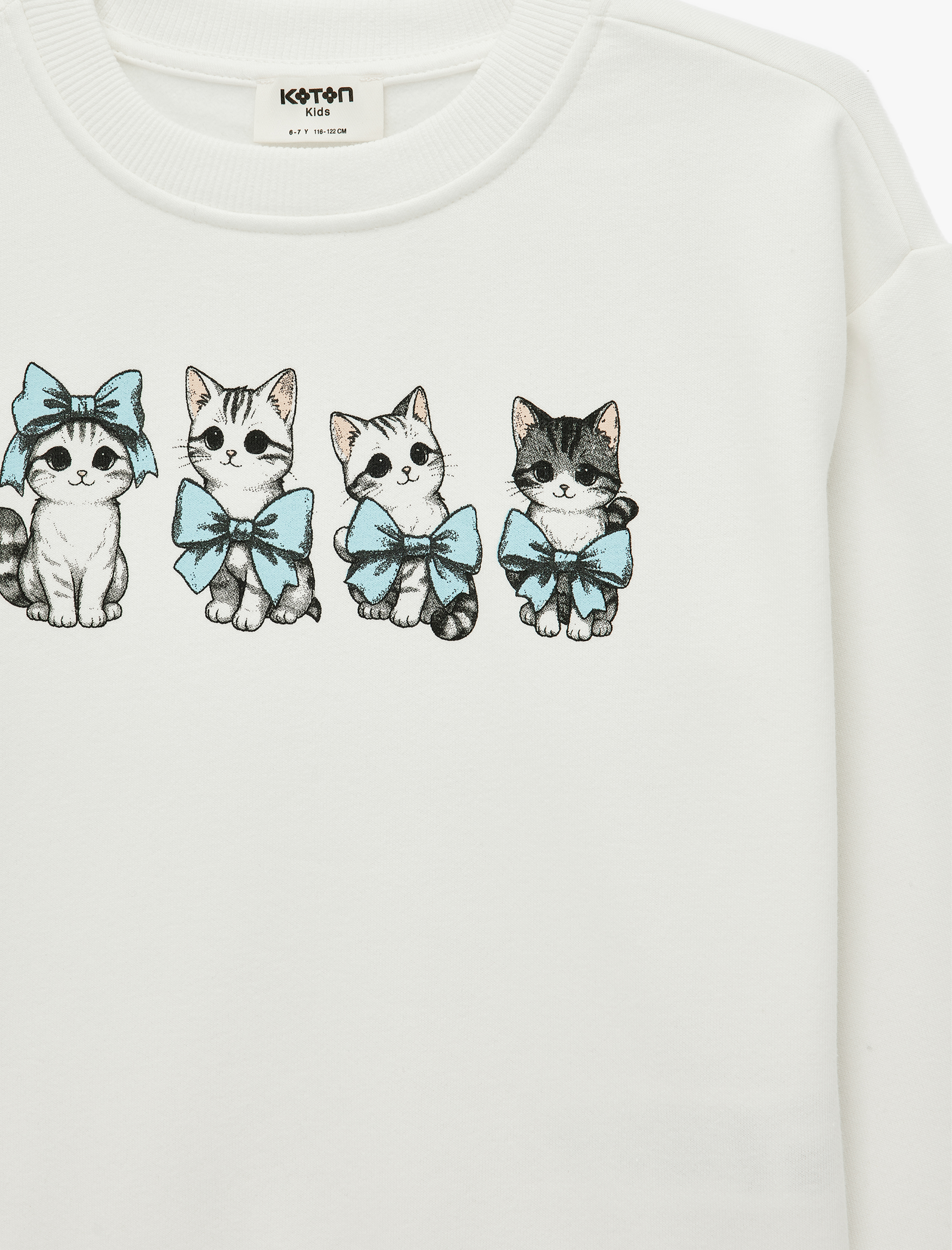  Kız Çocuk Kedi Baskılı Şardonlu Uzun Kollu Bisiklet Yaka Sweatshirt