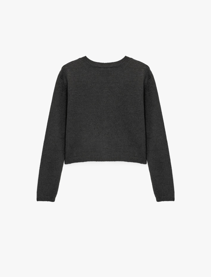  Regular Fit Bisiklet Yaka Uzun Kollu Düğmeli Crop Triko Hırka
