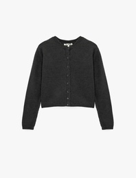 Regular Fit Bisiklet Yaka Uzun Kollu Düğmeli Crop Triko Hırka