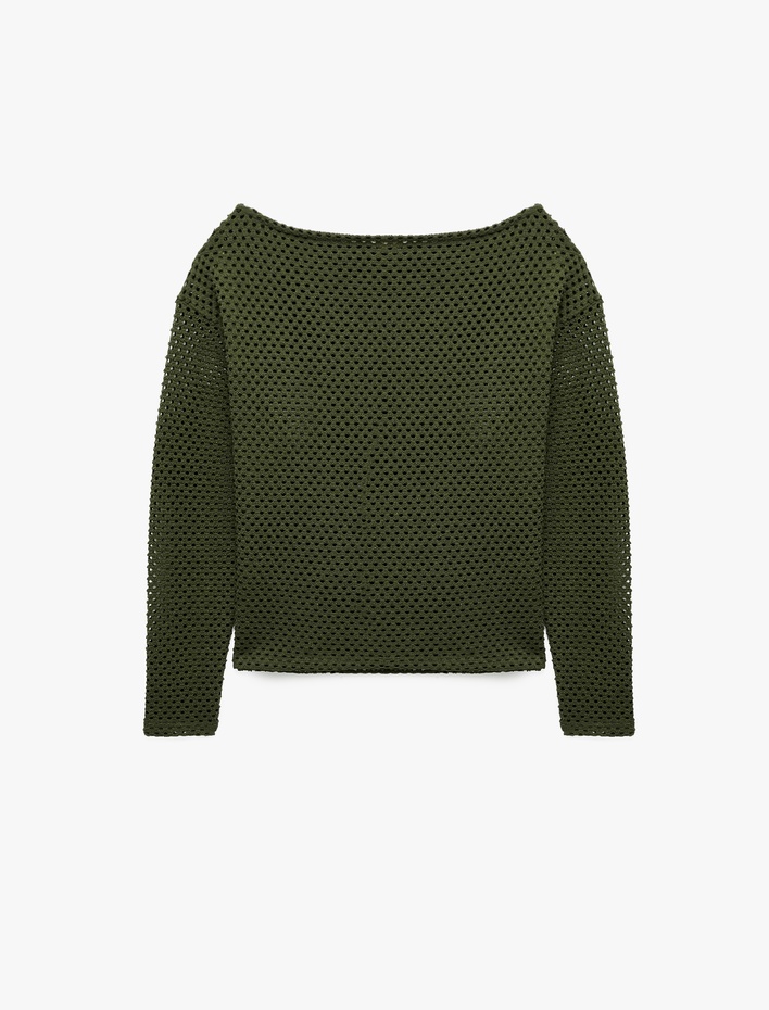  File Dokulu Uzun Kollu Kayık Yaka Oversize Bluz