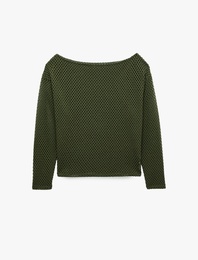 File Dokulu Uzun Kollu Kayık Yaka Oversize Bluz