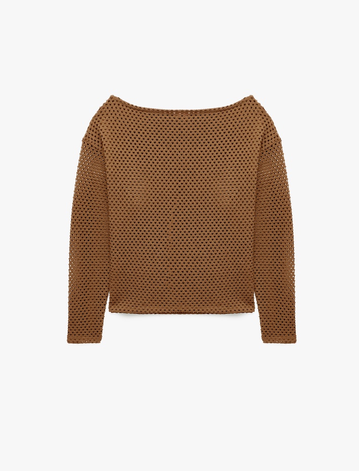 File Dokulu Uzun Kollu Kayık Yaka Oversize Bluz