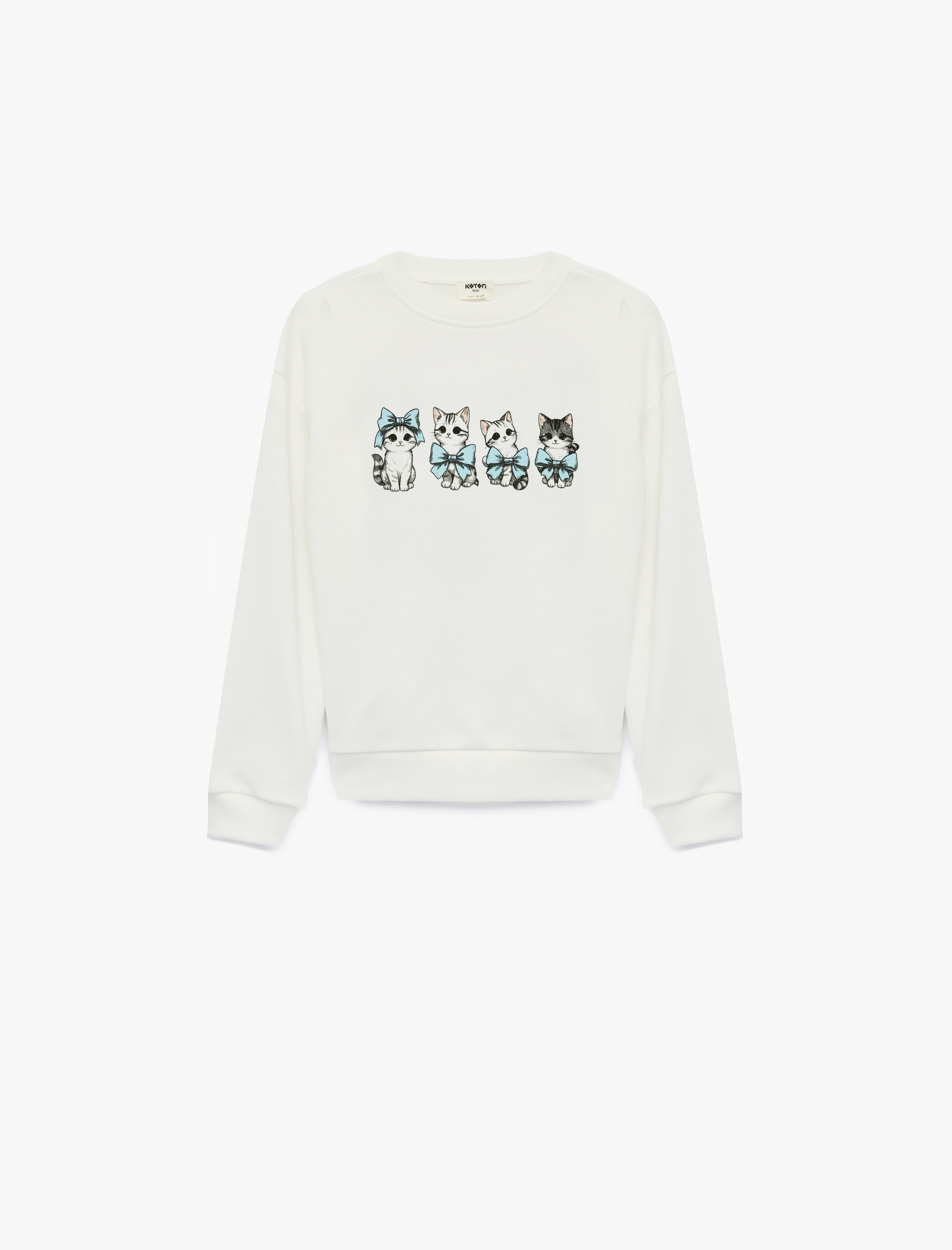  Kız Çocuk Kedi Baskılı Şardonlu Uzun Kollu Bisiklet Yaka Sweatshirt