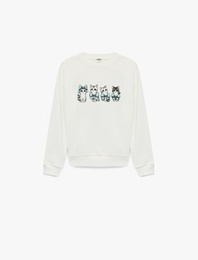 Kedi Baskılı Şardonlu Uzun Kollu Bisiklet Yaka Sweatshirt