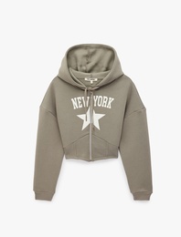 Slim Fit Şardonlu Uzun Kollu Kapüşonlu Fermuarlı Korse Detaylı Baskılı Sweatshirt